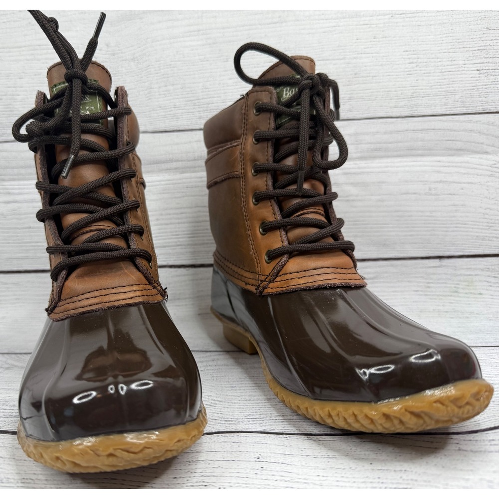 Bass Harlequin Duck Boots Brown Leather Rubber Waterproof Lace Up Buckle Size 7 - Picture 2 of 9
